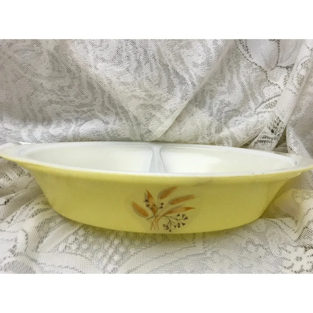 Vintage Glasbake, Yellow Wheat Design, Divided Casserole Dish,‎ Mid Century, USA